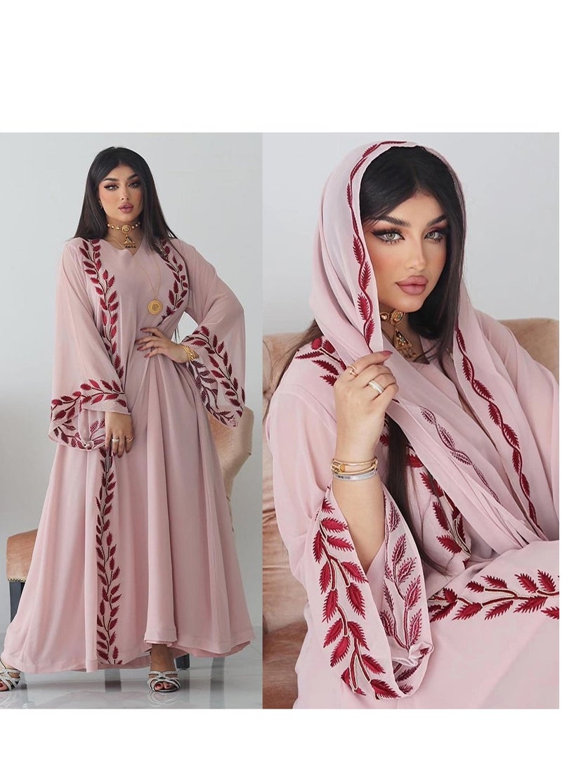 Fashion Chiffon Floral Embroidered Abaya With Hijab Pink Color