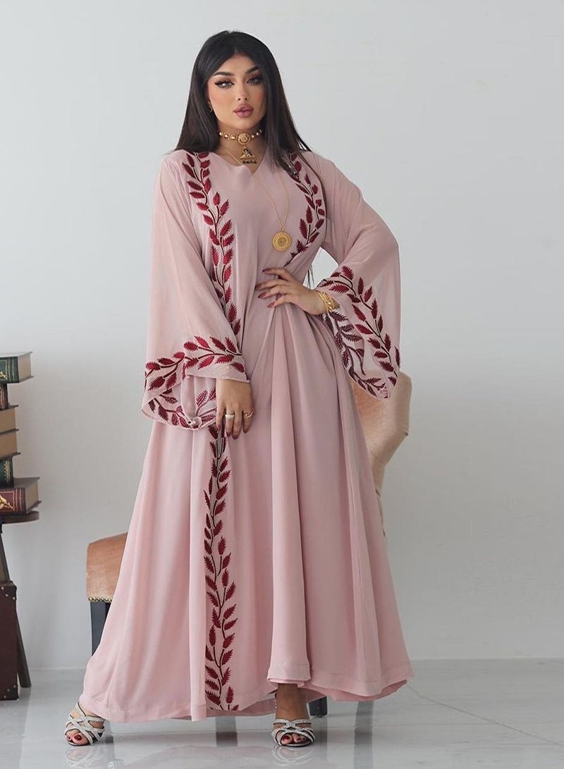 Fashion Chiffon Floral Embroidered Abaya With Hijab Pink Color