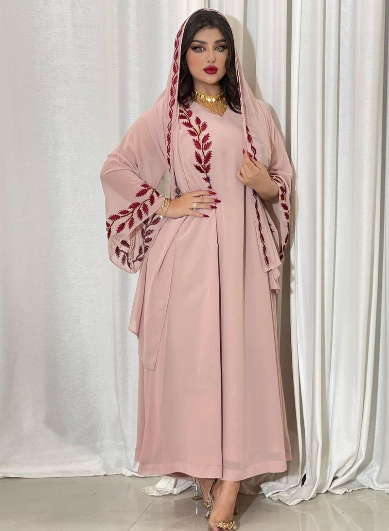 Fashion Chiffon Floral Embroidered Abaya With Hijab Pink Color