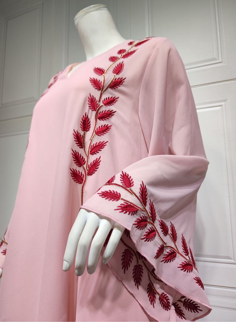 Fashion Chiffon Floral Embroidered Abaya With Hijab Pink Color