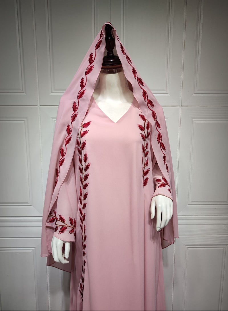 Fashion Chiffon Floral Embroidered Abaya With Hijab Pink Color
