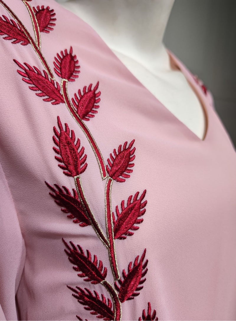 Fashion Chiffon Floral Embroidered Abaya With Hijab Pink Color