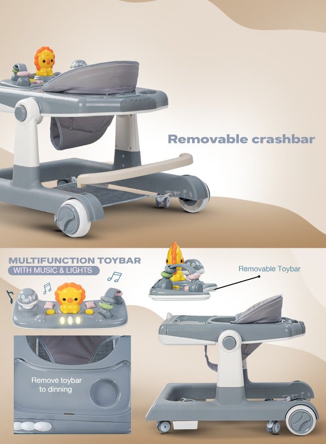 3 In 1 Zeni Baby Activity Walker With Parental Push Handle And 3 Height Adjustable,Tray And Musical Toy Bar, 6 - 18 Months, Boy/Girl, Grey