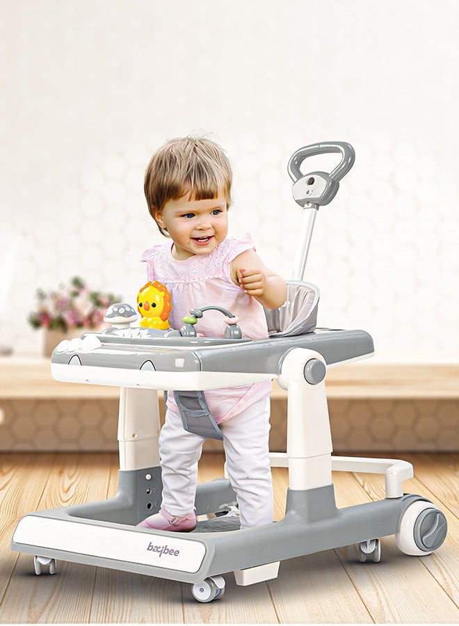 3 In 1 Zeni Baby Activity Walker With Parental Push Handle And 3 Height Adjustable,Tray And Musical Toy Bar, 6 - 18 Months, Boy/Girl, Grey