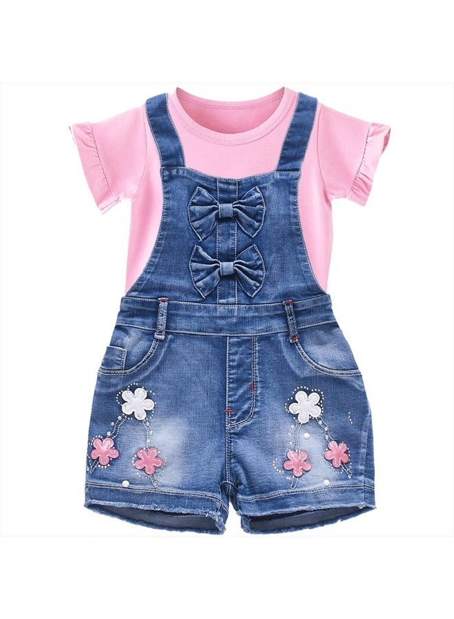 2-8Years Little&Big Summer 2pcs Clothing Set Flower Pink Short Sleeve T Shirt and Denim Rompers Shortalls (5Years)