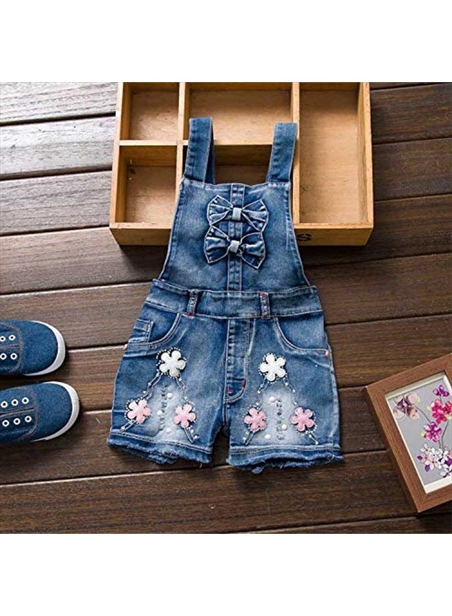 2-8Years Little&Big Summer 2pcs Clothing Set Flower Pink Short Sleeve T Shirt and Denim Rompers Shortalls (5Years)