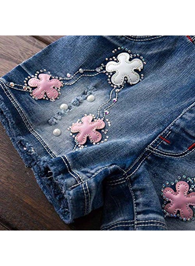 2-8Years Little&Big Summer 2pcs Clothing Set Flower Pink Short Sleeve T Shirt and Denim Rompers Shortalls (5Years)