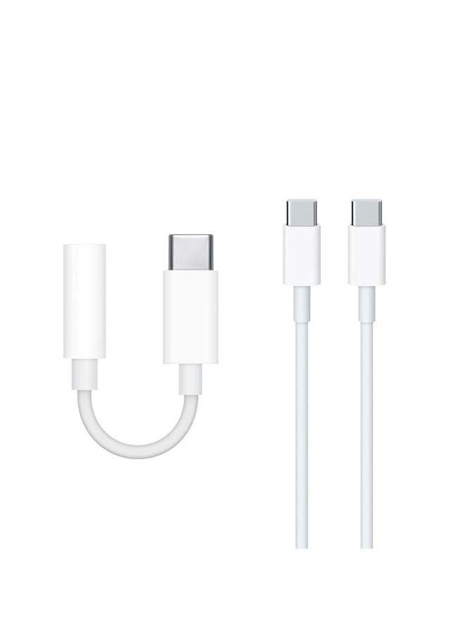 2 in 1 Pack of USB-C to 3.5mm Headphone Jack Adapter with USB-C Charge Cable 1m white