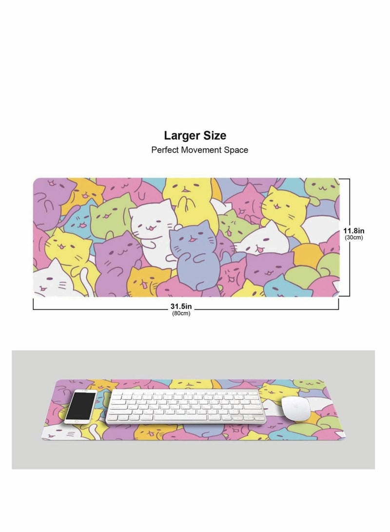 Cute Cat Gaming Mouse Pad XL, Extended Large Mouse Mat Desk Pad, Stitched Edges Mousepad, Long Non-Slip Rubber Base Mice Pad, 31.5 X 11.8 Inch