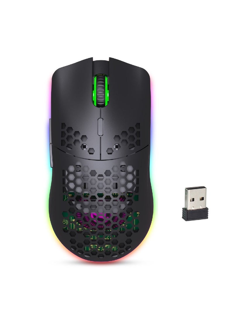 Rechargeable Wireless Honeycomb Gaming Mouse Lightweight with 3200 Dpi Rgb Rainbow Backlit Black