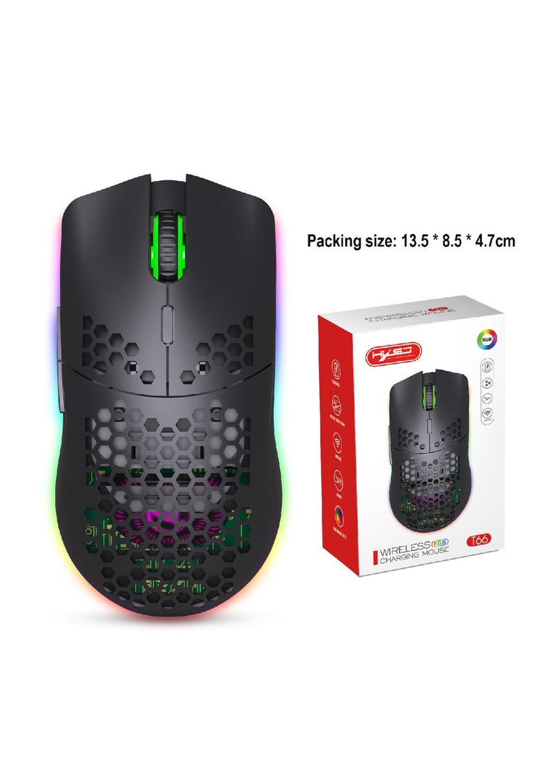 Rechargeable Wireless Honeycomb Gaming Mouse Lightweight with 3200 Dpi Rgb Rainbow Backlit Black