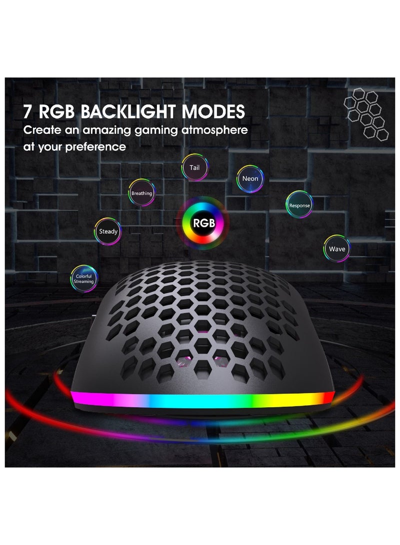 Rechargeable Wireless Honeycomb Gaming Mouse Lightweight with 3200 Dpi Rgb Rainbow Backlit Black