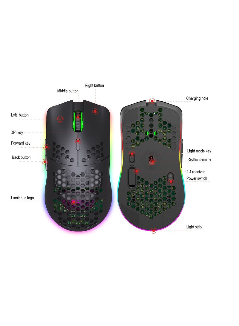 Rechargeable Wireless Honeycomb Gaming Mouse Lightweight with 3200 Dpi Rgb Rainbow Backlit Black