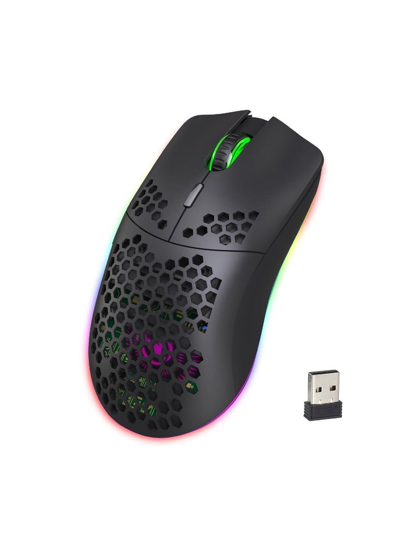 Rechargeable Wireless Honeycomb Gaming Mouse Lightweight with 3200 Dpi Rgb Rainbow Backlit Black