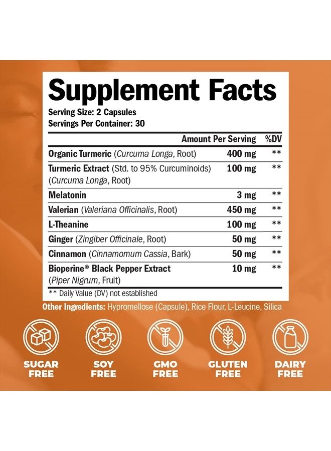 Turmeric & Melatonin Sleep Aid Supplement with Valerian Root, Tumeric Extract, L-Theanine, Ginger & Black Pepper Extract (Bioperine) - 95% Curcuminoids - Relaxation, Immune & Joint Support Supplement