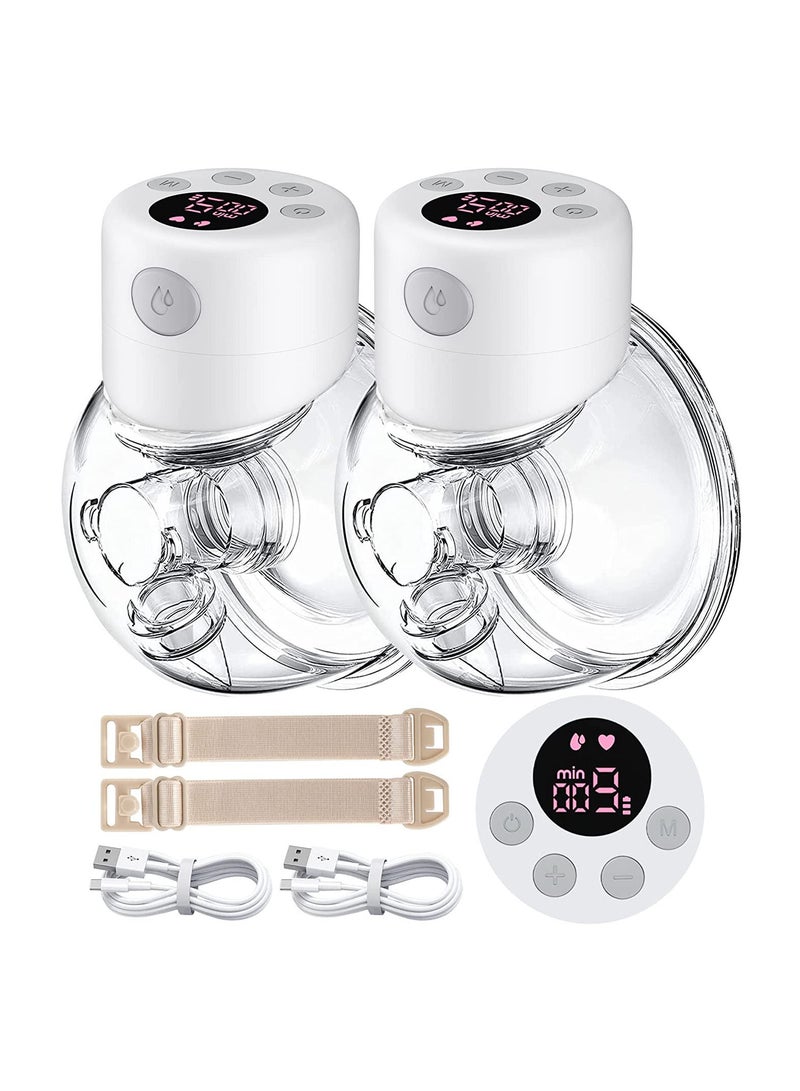 Pack Of 2 Portable Rechargeable Electric Hands Free Wearable Breast Pump With Milk Bag With 2 Modes 9 Levels LCD Display White