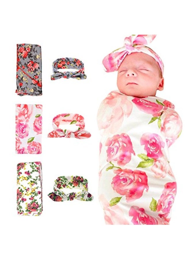 3-Piece Floral Printed Receiving Blanket With Headbands