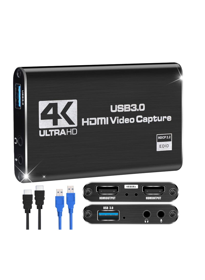 Capture Card, Video Capture Card 4K 1080P 60FPS, HDMI Capture Card Switch, Game Capture Card USB 3.0 for Live Streaming Video Recording, Screen Capture Device Work with PS4/PC/OBS/DSLR/Camera