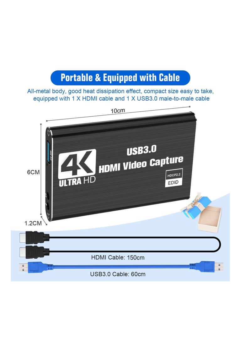 Capture Card, Video Capture Card 4K 1080P 60FPS, HDMI Capture Card Switch, Game Capture Card USB 3.0 for Live Streaming Video Recording, Screen Capture Device Work with PS4/PC/OBS/DSLR/Camera