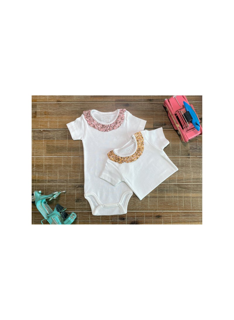 Baby Girl Short Sleeves Bodysuit Ruffle Neck Model Onesie Set (Pack of 2)multi-colors