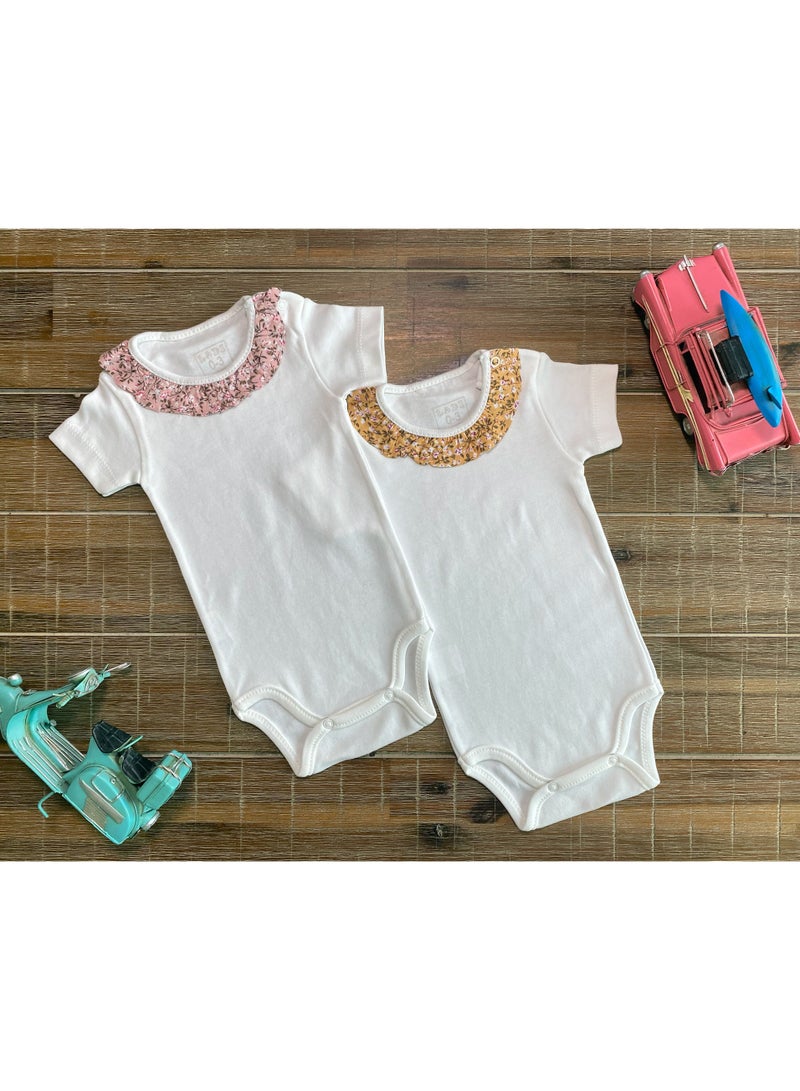 Baby Girl Short Sleeves Bodysuit Ruffle Neck Model Onesie Set (Pack of 2)multi-colors