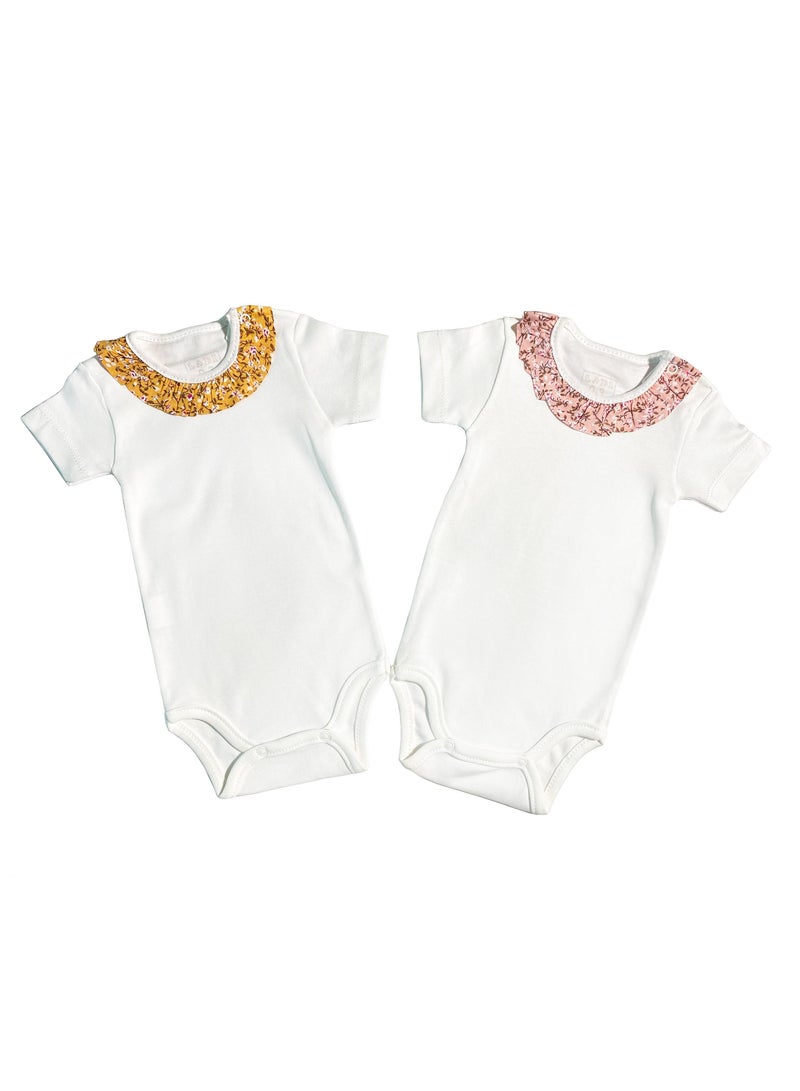 Baby Girl Short Sleeves Bodysuit Ruffle Neck Model Onesie Set (Pack of 2)multi-colors