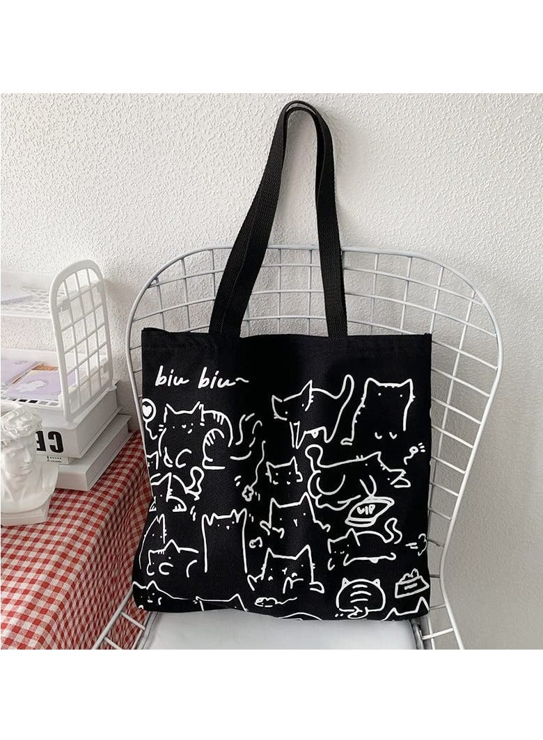 Cat Canvas Tote Bag, Large Cute Tote Bag for Women with Zip, Cotton Reusable Shopping Bag with Pocket, Shopper Bag Cat Lovers Gift
