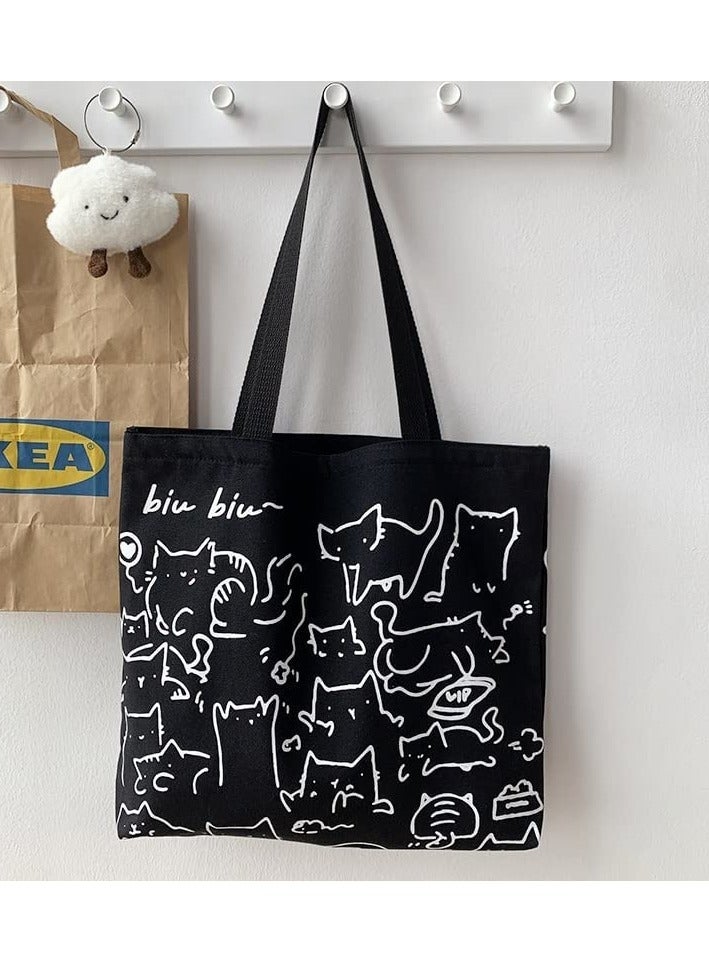 Cat Canvas Tote Bag, Large Cute Tote Bag for Women with Zip, Cotton Reusable Shopping Bag with Pocket, Shopper Bag Cat Lovers Gift