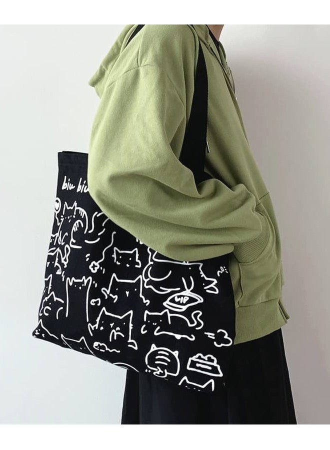 Cat Canvas Tote Bag, Large Cute Tote Bag for Women with Zip, Cotton Reusable Shopping Bag with Pocket, Shopper Bag Cat Lovers Gift