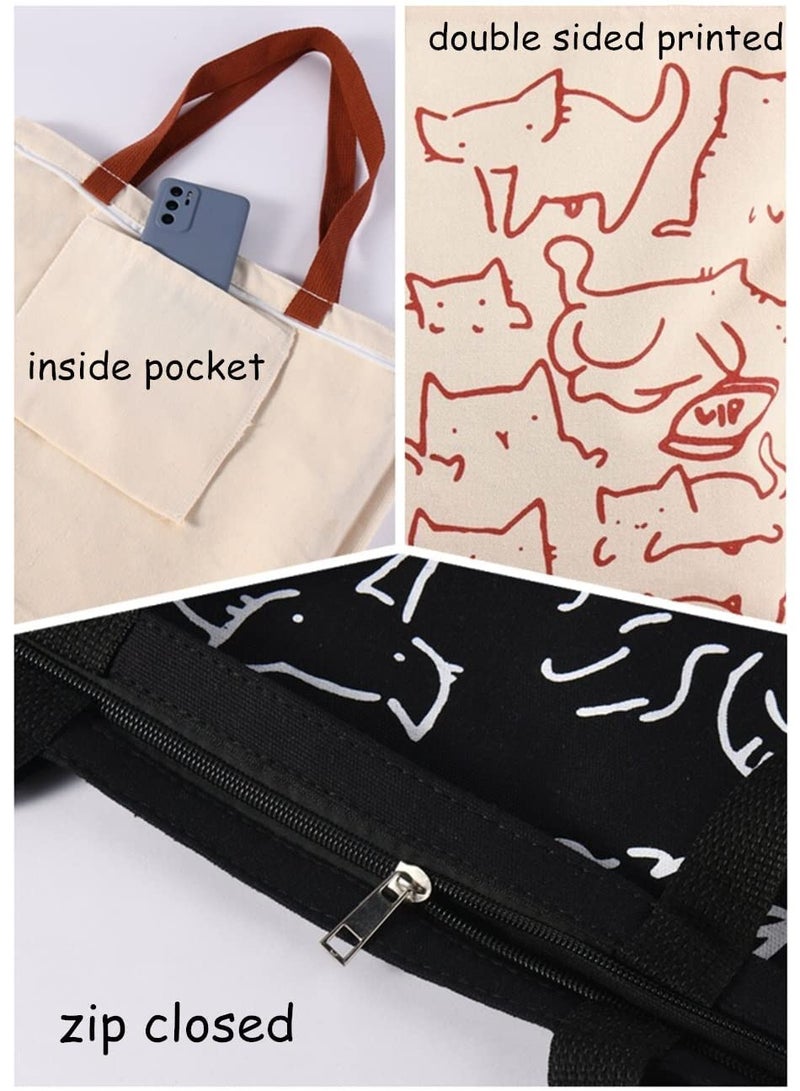 Cat Canvas Tote Bag, Large Cute Tote Bag for Women with Zip, Cotton Reusable Shopping Bag with Pocket, Shopper Bag Cat Lovers Gift