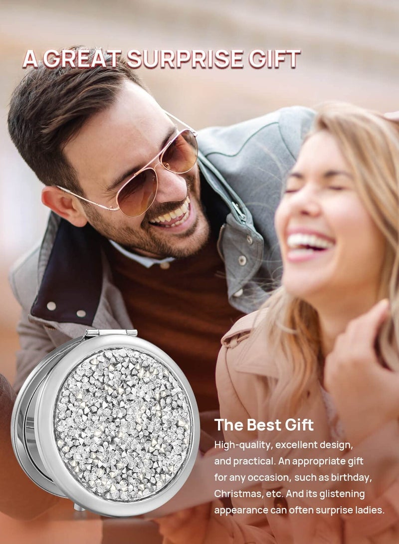 Crystal Diamond Round Double-sided Mirror, Portable Mini Handheld  Pocket Mirror, Luxury Round Vanity Mirror for Travel, Outside, Mealtime.