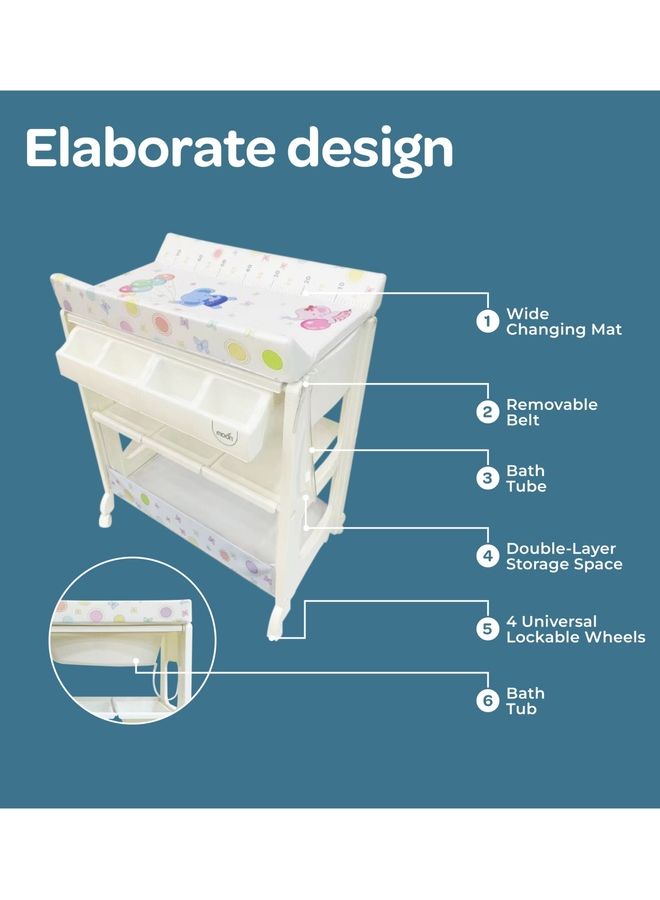 Portable Diaper Changing Mat-Table Dresser Wheels Multi-Function Nursery Organizer For Newborn - Elephants With Balloons