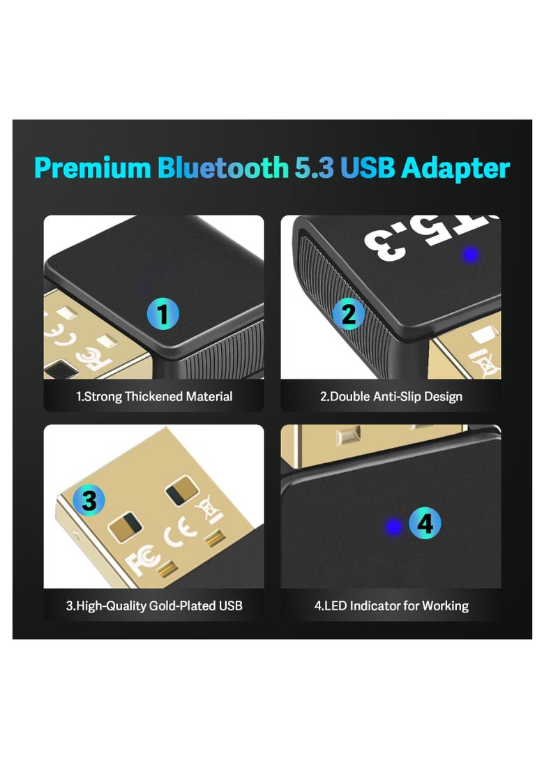 Bluetooth 5.3 USB Adapter for PC Desktop,, Wireless Transmitter Dongle for Windows 11/10/8.1/7 Computer Laptop, Plug and Play, No Driver Required, for Headset Speaker Keyboard Mouse Printer