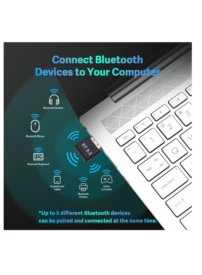 Bluetooth 5.3 USB Adapter for PC Desktop,, Wireless Transmitter Dongle for Windows 11/10/8.1/7 Computer Laptop, Plug and Play, No Driver Required, for Headset Speaker Keyboard Mouse Printer