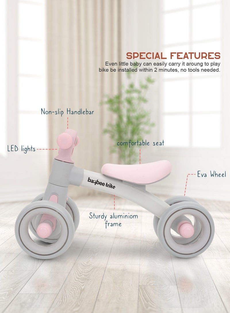 Kids Balance Bike Tricycles for Kids, 4 Wheels Toddlers Bike Ride on Toy with Widened EVA Wheels & Led Light Indoor Outdoor Play Baby Balance Cycle for Kids 12 to 24 Months Boys Girls Pink