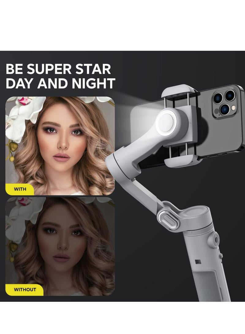 Gimbal Stabilizer for Smartphone, w/LED Light Face Tracking Inception Timelapse Handheld Foldable 3-Axis Gimble for iPhone 15/14/13 Pro Max & Android, Phone Stabilizer for Video Recording