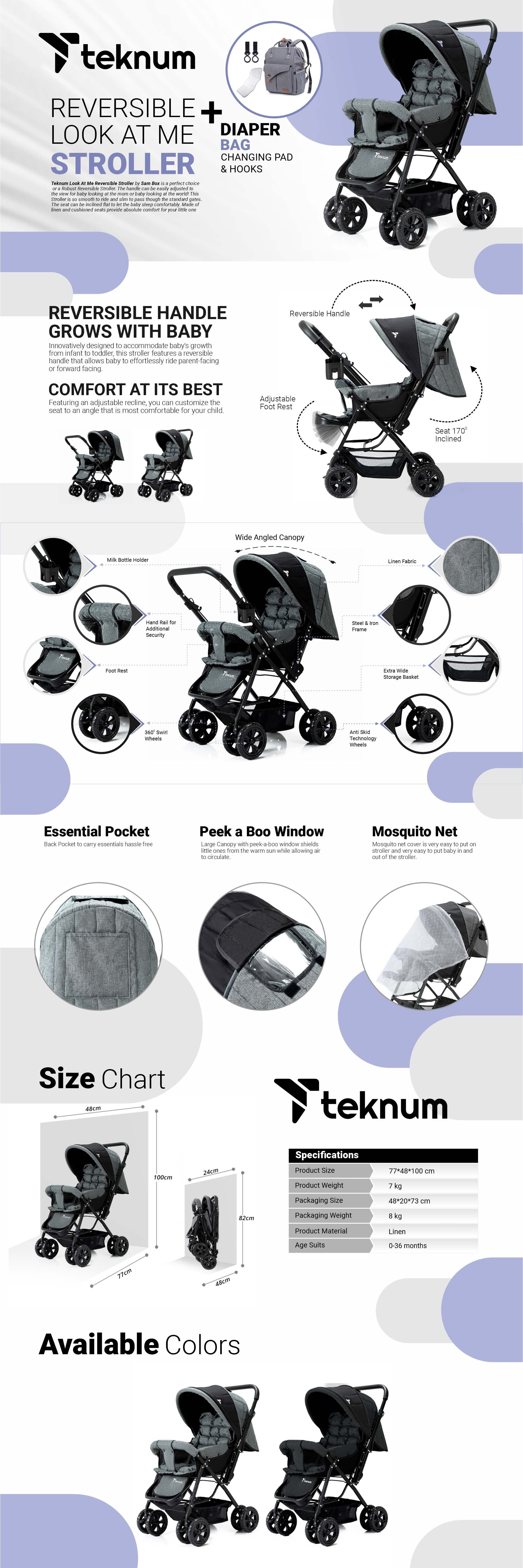 Reversible Look At Me Stroller With T Diaper Bag And Hooks And Changing Pad - Grey