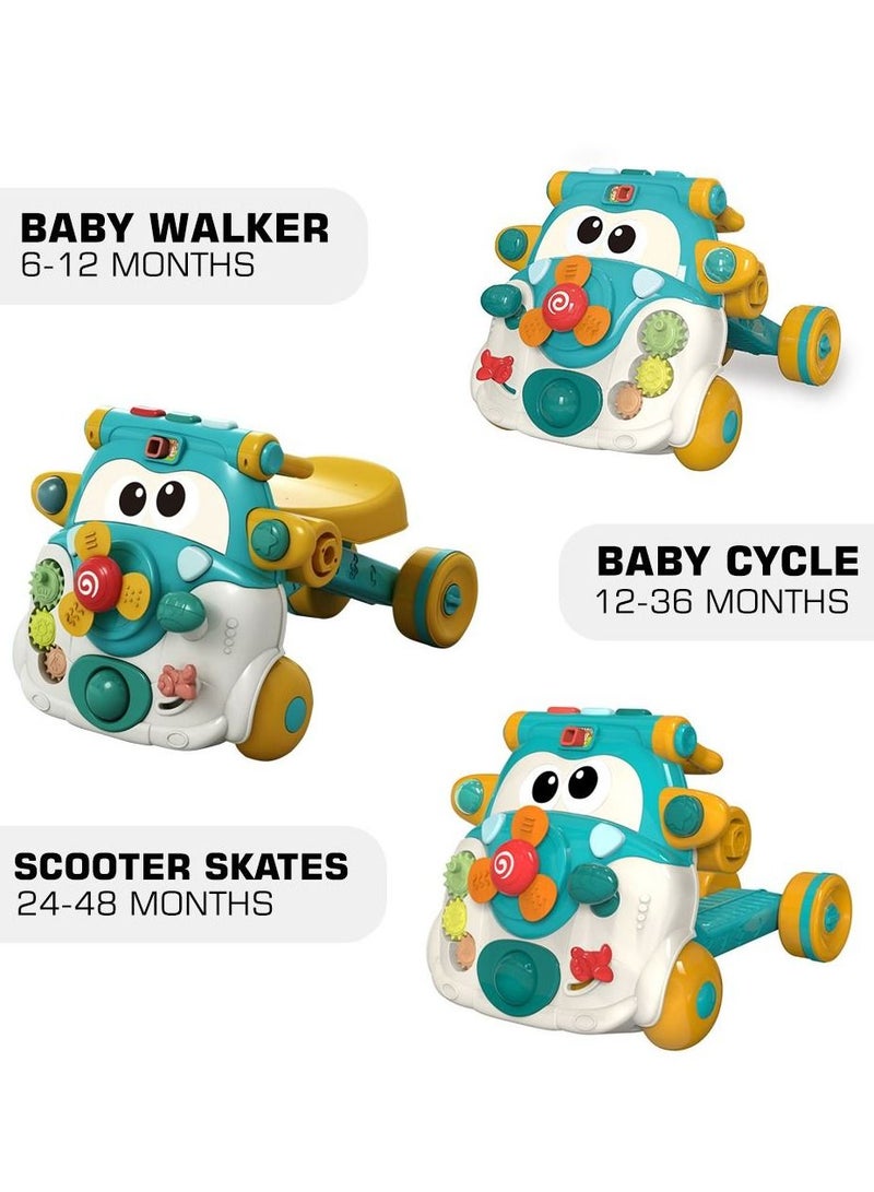 3-IN-1 Baby Walker Kids Cycle And Scooter Skates With Musical Keyboard - Green