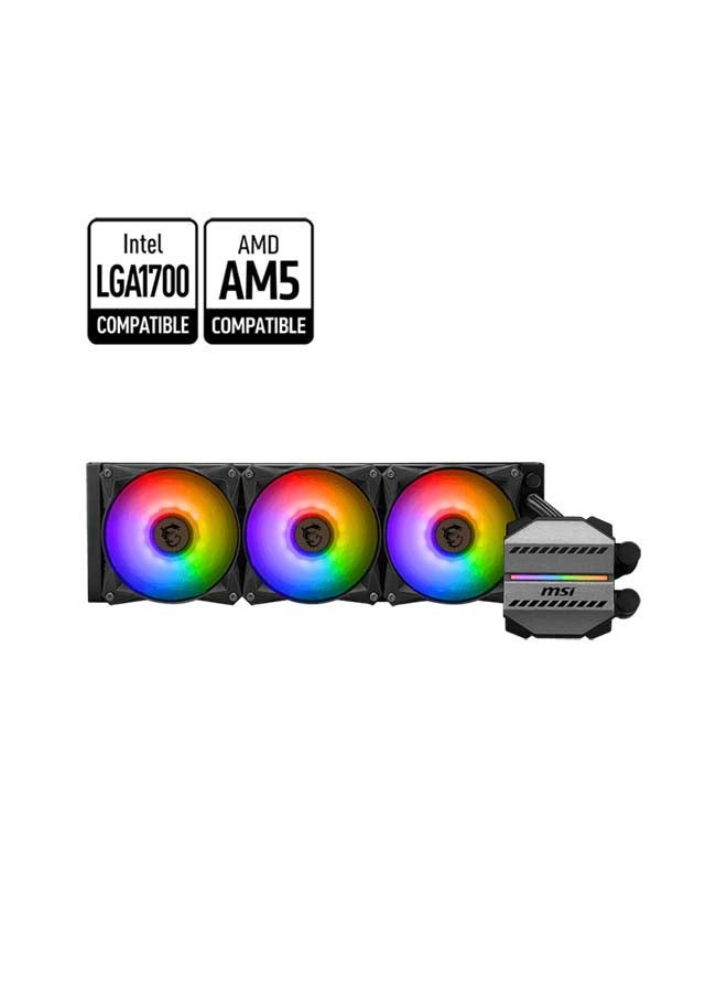 MAG CORELIQUID M360 AIO Liquid Cooler, 360mm Radiator, 78.73 CFM, 2000 RPM Fan Speed, 3 x ARGB 120mm Fans, Two Ball Bearing, Elevated Cooper Plate, Reinforced Tubing, Black | 306-7ZW4R24-813 Black