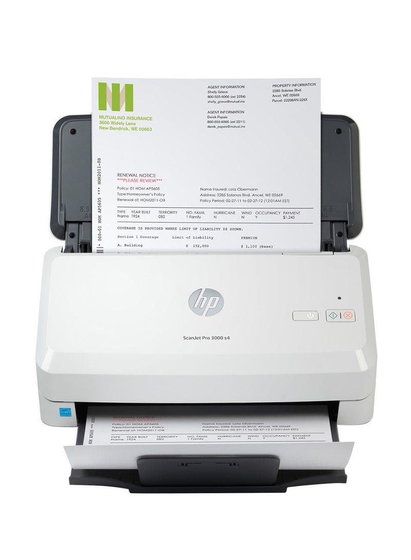 ScanJet Pro 3000 S4 Sheet Feed Scanner, 600x600 Dpi Resolution, Up To 40ppm/80 ipm Scan Speed, 50 Sheets Document Feeder, LED Light Source, Single Pass Duplex | 6FW07A White