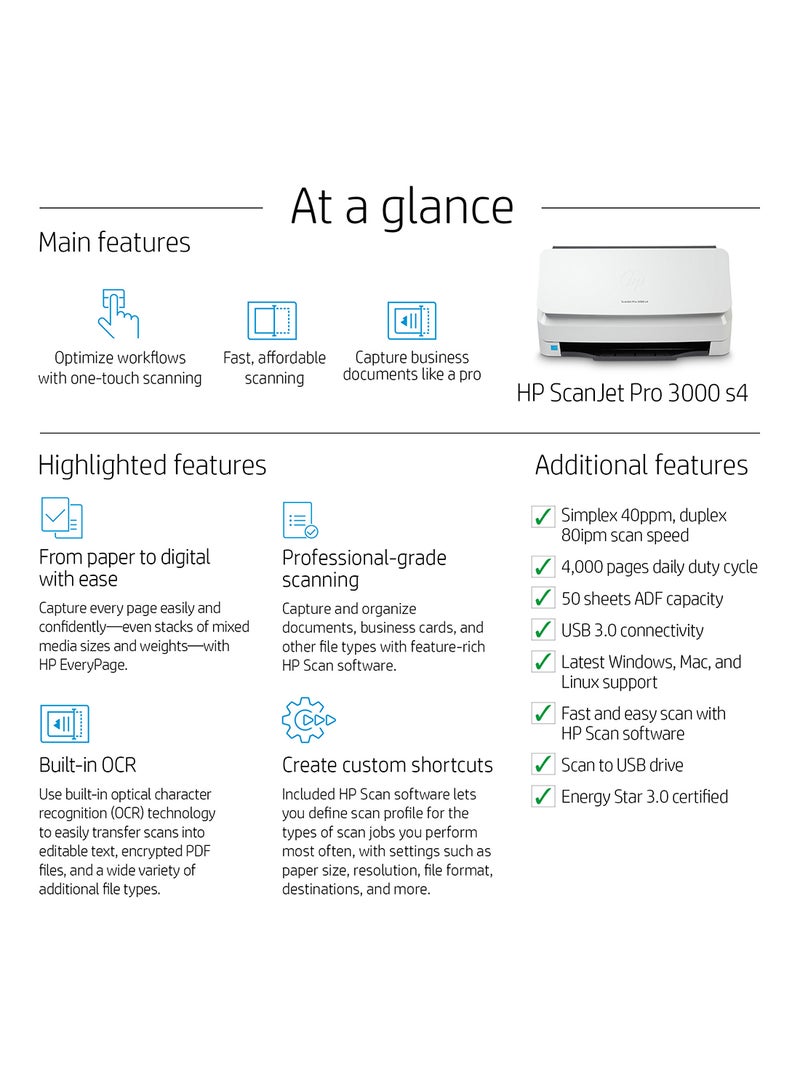 ScanJet Pro 3000 S4 Sheet Feed Scanner, 600x600 Dpi Resolution, Up To 40ppm/80 ipm Scan Speed, 50 Sheets Document Feeder, LED Light Source, Single Pass Duplex | 6FW07A White