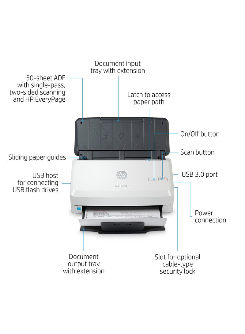 ScanJet Pro 3000 S4 Sheet Feed Scanner, 600x600 Dpi Resolution, Up To 40ppm/80 ipm Scan Speed, 50 Sheets Document Feeder, LED Light Source, Single Pass Duplex | 6FW07A White