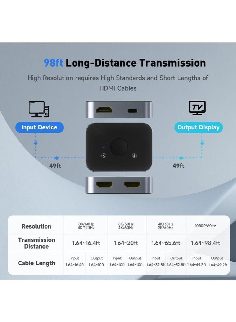 HDMI 2.1 Switch, 8K HDMI Switcher Splitter 2 in 1 Out, Supports 4k at 120Hz, 8k at 60Hz, 48Gbps High Speed, Aluminum HDMI Selector Bi-Directional.