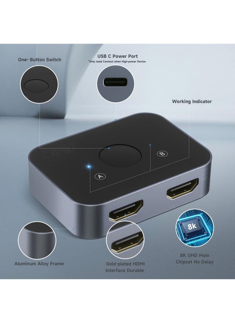 HDMI 2.1 Switch, 8K HDMI Switcher Splitter 2 in 1 Out, Supports 4k at 120Hz, 8k at 60Hz, 48Gbps High Speed, Aluminum HDMI Selector Bi-Directional.