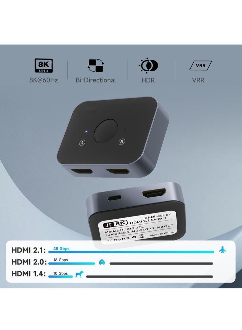 HDMI 2.1 Switch, 8K HDMI Switcher Splitter 2 in 1 Out, Supports 4k at 120Hz, 8k at 60Hz, 48Gbps High Speed, Aluminum HDMI Selector Bi-Directional.