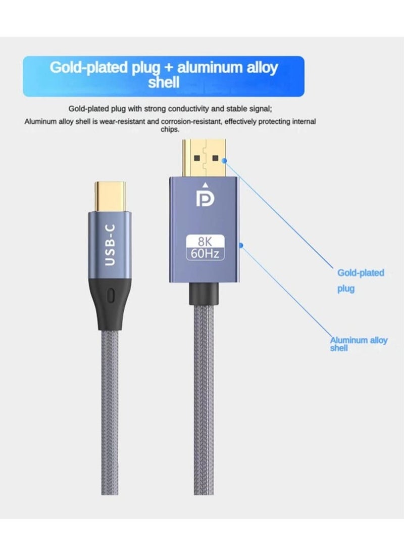 8K Usb C to Displayport Bi-Directional Cable 6.6FT Display Port to Type-C 3.1 Converter 8K@60Hz 4K@120Hz Compatible Thunderbolt 3/4 For MacBook Pro DELL Laptop