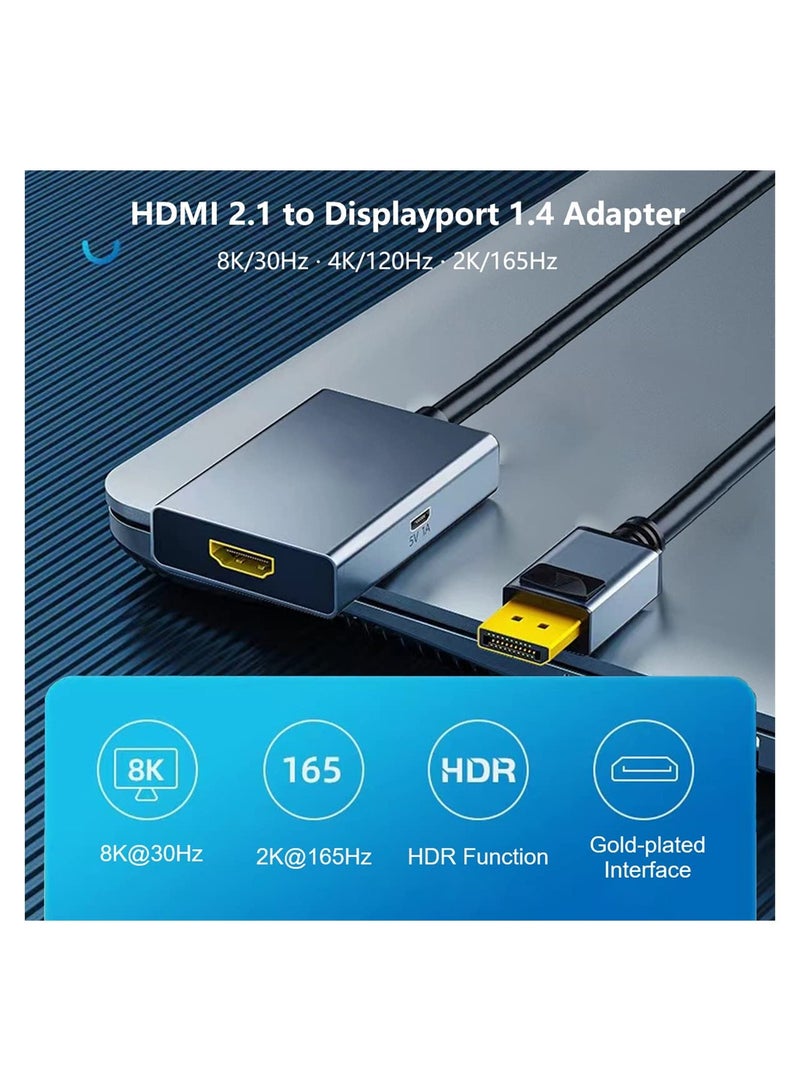 HDMI to Displayport 8K Adapter with USB Power, HDMI 2.1 Female to DP 1.4 Male Converter Support 8K@30Hz/4K@120Hz/2K/144Hz for Xbox One/PS4/PS5/NS