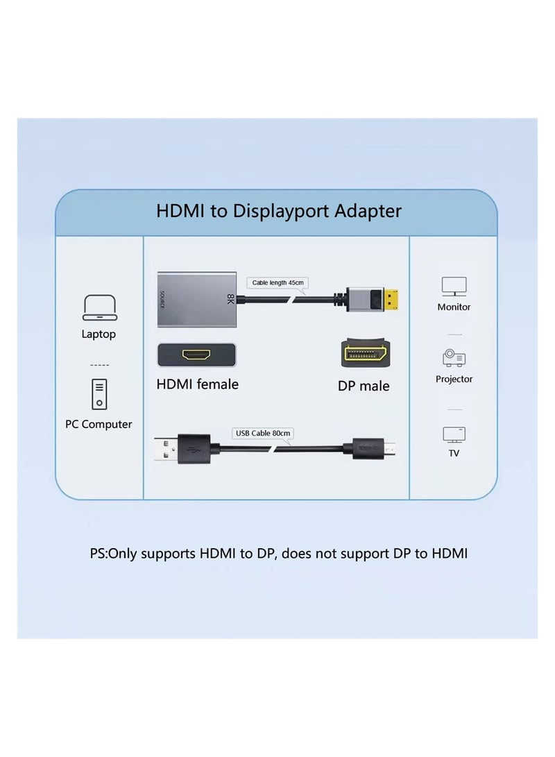 HDMI to Displayport 8K Adapter with USB Power, HDMI 2.1 Female to DP 1.4 Male Converter Support 8K@30Hz/4K@120Hz/2K/144Hz for Xbox One/PS4/PS5/NS