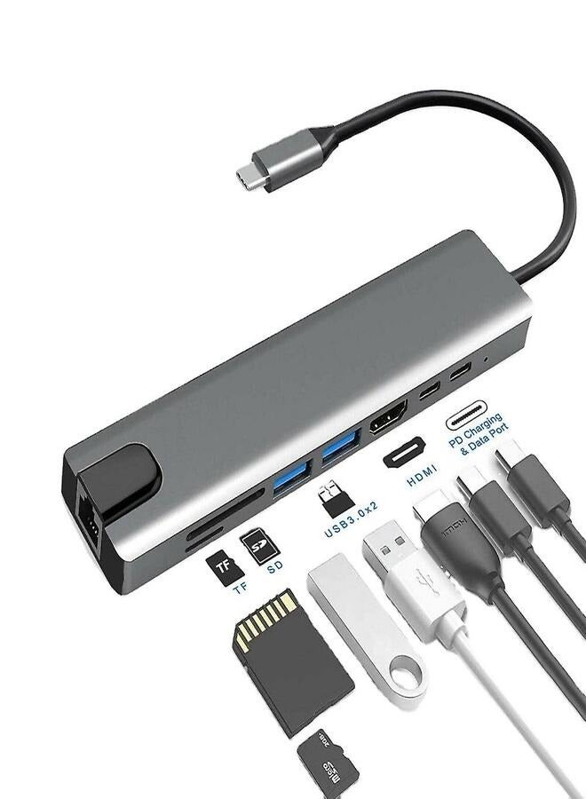 Type-C Hub 8 in 1 Multiport Adapter with Hdmi, Lan, Usb 3.0, Card Reader and Usb 2.0 Port