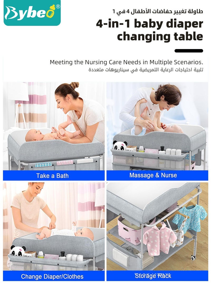 Baby Diaper Changing Table, Foldable Infant Diaper Station with Wheels, Nursery Organizer for Newborns, Babies Dresser Changing Table with Storage Rack, Strengthen Structure and 3 Adjustable Heights